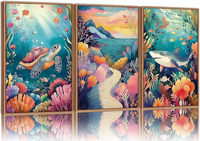 YeeHomedec Large Watercolor Ocean Themed Framed Canvas Wall Art, Sea Turtle Shark Wall Decor, Coastal Nature Landscape Art Print, Marine Life Poster for Kids Nursery Classroom Boys Bedroom 16"x24"x3