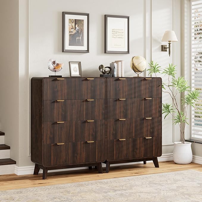 QUW Fluted Dresser for Bedroom with 5 Drawers, Modern 40.2" Tall Drawer Dressers with Metal Handle, Wooden Chest of Dresser for Living Room, Hallway, Dark Walnut