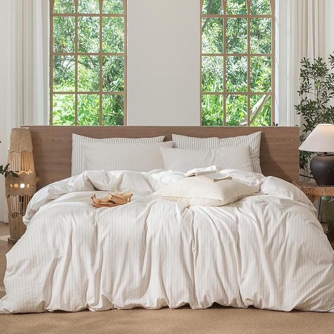MooMee Striped Duvet Cover Set 100% Washed Cotton Linen Like Textured Breathable Durable Soft Comfy (White Almond Milk Grey Wide Stripes, Queen 90"x90")
