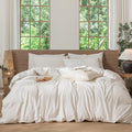 MooMee Striped Duvet Cover Set 100% Washed Cotton Linen Like Textured Breathable Durable Soft Comfy (White Almond Milk Grey Wide Stripes, Queen 90"x90")