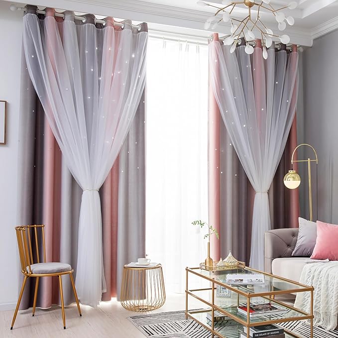 Star Curtains - Blackout & Rainbow Kids Bedroom Curtains, 72 Inch Long, 2 Panels, Pink & Grey