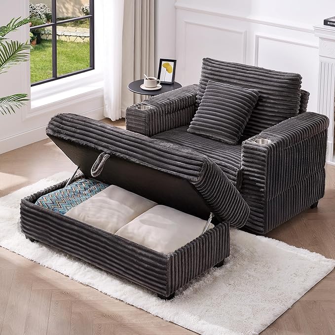 ONBRILL Corduroy Oversized Chair with Ottoman, 44" Wide Armchair with Cup Holders & USB Port, Reading Chair w/Storage Armrest, Easy Assembly, Comfy Single Sofa Bed for Living Room, Apartment, Grey