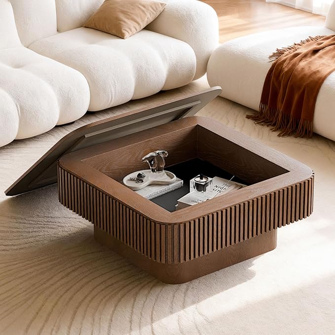 LKTART Coffee Table for Living Room, Accent Fluted Square Coffee Table with Hidden Storage, Modern Solid Wood Veneered Circle Center Tea Table for Small Space Apartment (31.5''D×14''H-Walnut)