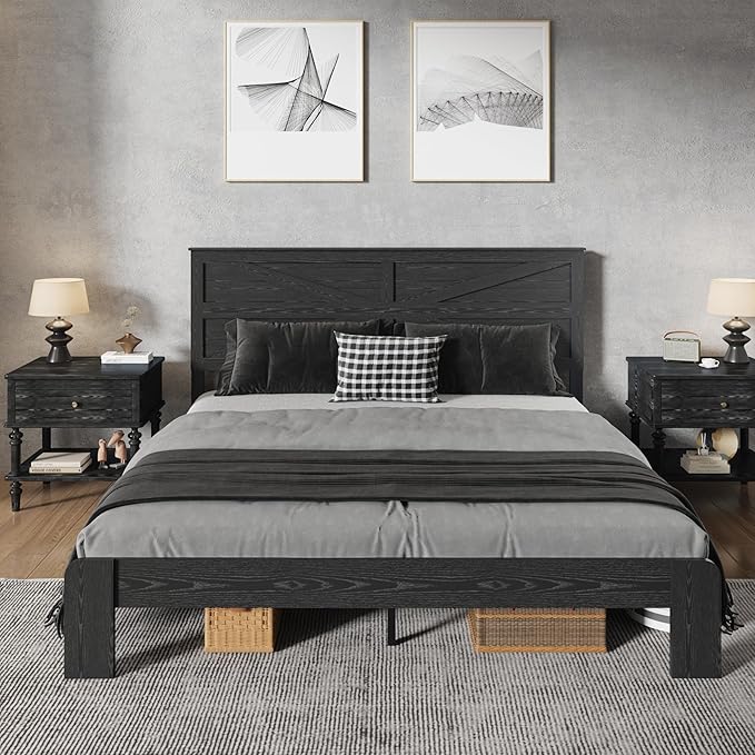 King Size Bed Frame with Farmhouse Headboard, Rustic Boho Wooden Bedframe with LED Lights and Charging Station, Easy Assembly, No Box Spring Needed (Black, King)
