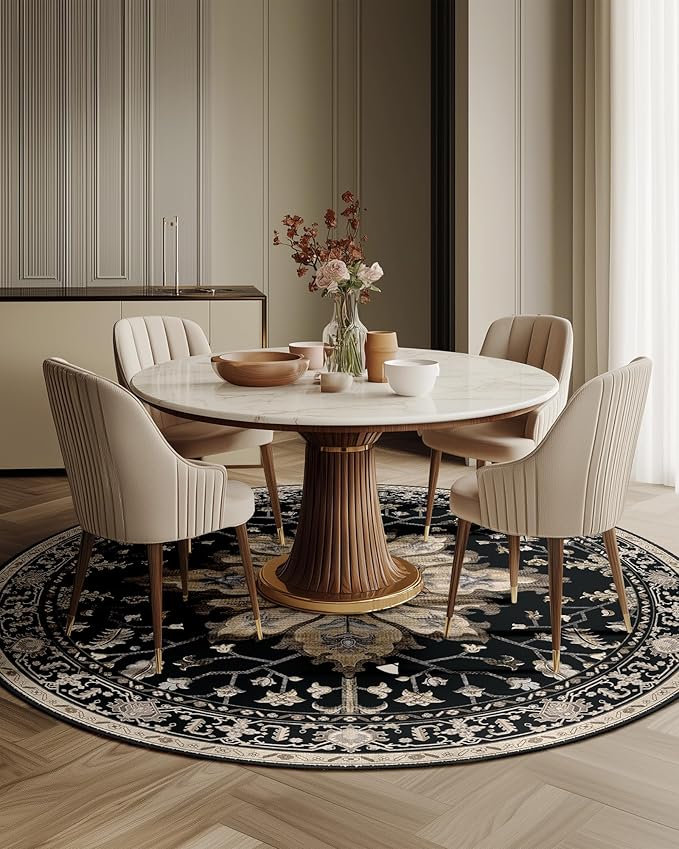 Area Rugs 7ft Washable Non-Slip, Floral Vintage Distress Print Pattern Medallion Carpet for Living Room Bedroom Dining Room, Black Brown Neutral Dark Tan
