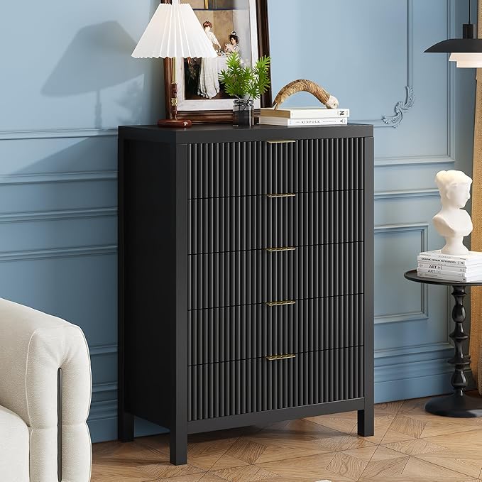 5 Drawer Dresser, 43" Tall Dresser Organizer TV Drawer Cabinet Modern Wood Storage Cabinet, Modern Wood Storage Cabinet for Bedroom, Hallway, Entryway, Black Oak X 2