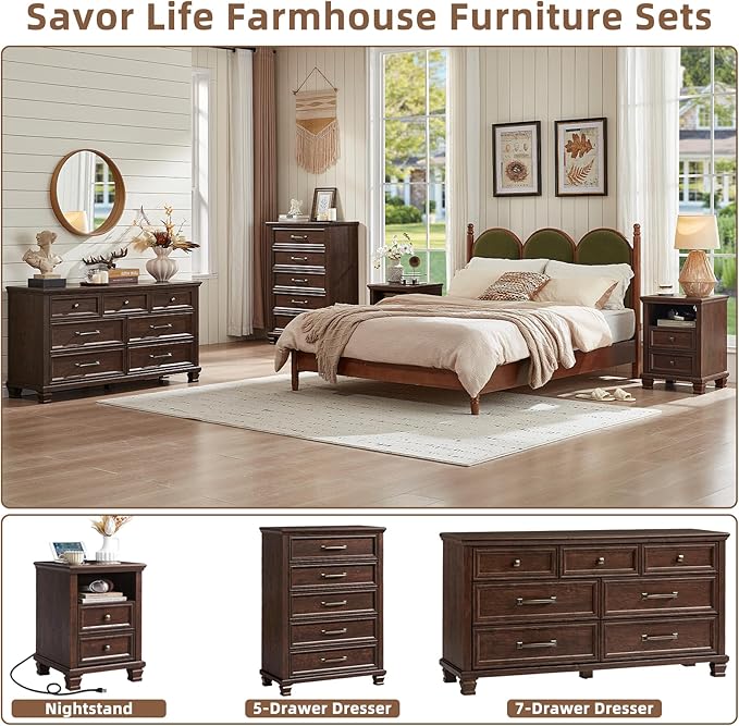 SAVOR LIFE Farmhouse Nightstand with Charging Station, Rustic Brown Nightstand, 2 Drawers End Table, Bedside Table with Open Shelf for Bedroom, Walnut