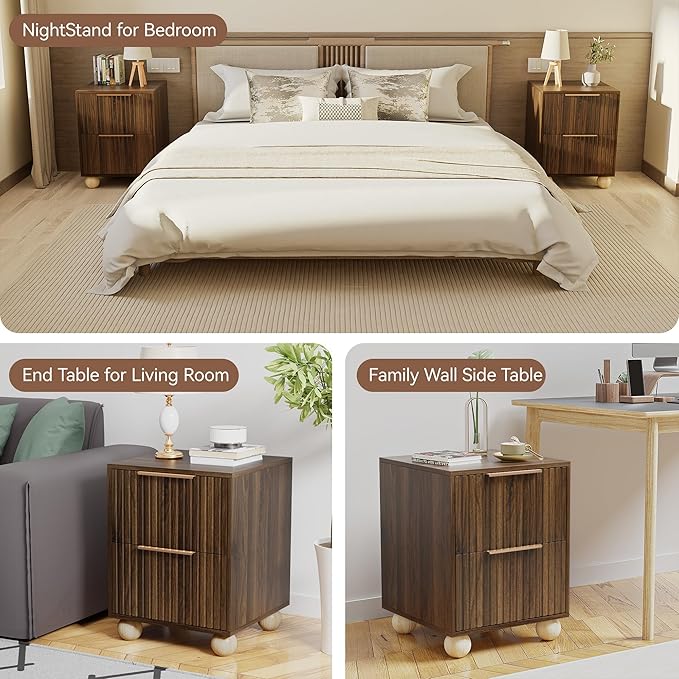 Fluted Nightstand, Walnut Finish Bedside Table with Spacious Storage Drawers, Night Stand with Solid Wood Round Legs for Bedroom, End Table, Side Table