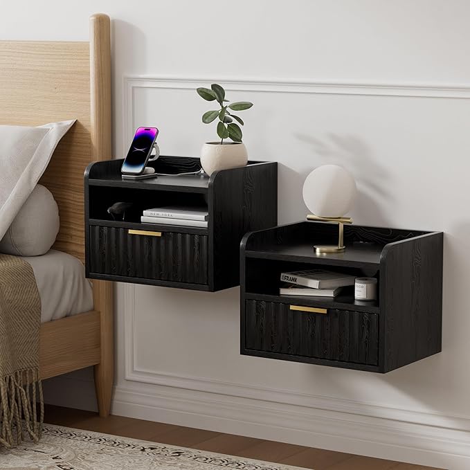 Fluted Floating Nightstand Set of 2, Wall Mounted Bedside Table with Storage Drawer and Open Shelf, Night Stand with Charging Station for Living Room, Bedroom, Dorm, Black