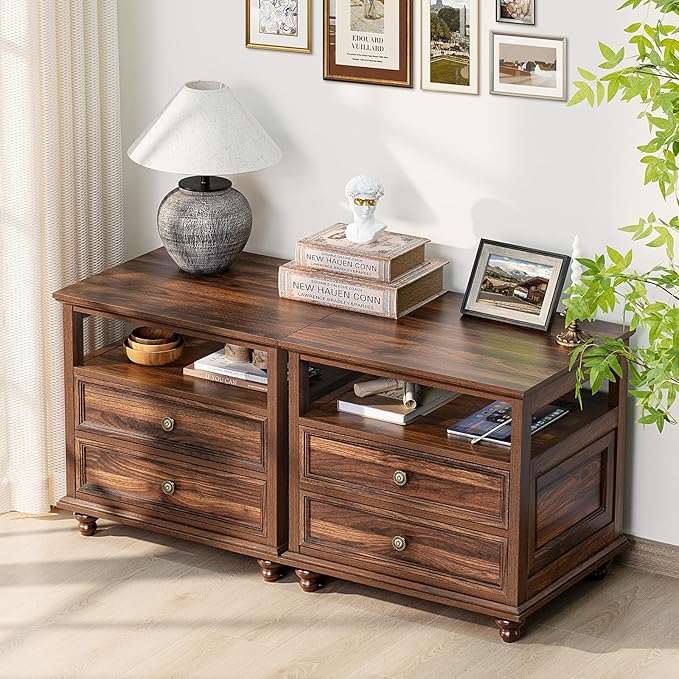 Farmhouse Nightstand with Charging Station, 24" Wide End Table with 2 Drawers,Brown Dresser for Bedroom, Bed Side Table Chest of Drawers Cabinet,Wood Night Stand for Living Room, Closet