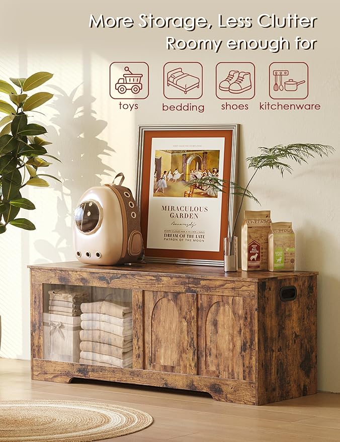 DINZI LVJ Storage Chest, 47.2”Wooden Storage Box with 2 Safety Hinges, Entryway Shoe Bench with Flip-Top, Large Trunk for Living Room, Bedroom, Easy Assembly, Rustic Brown