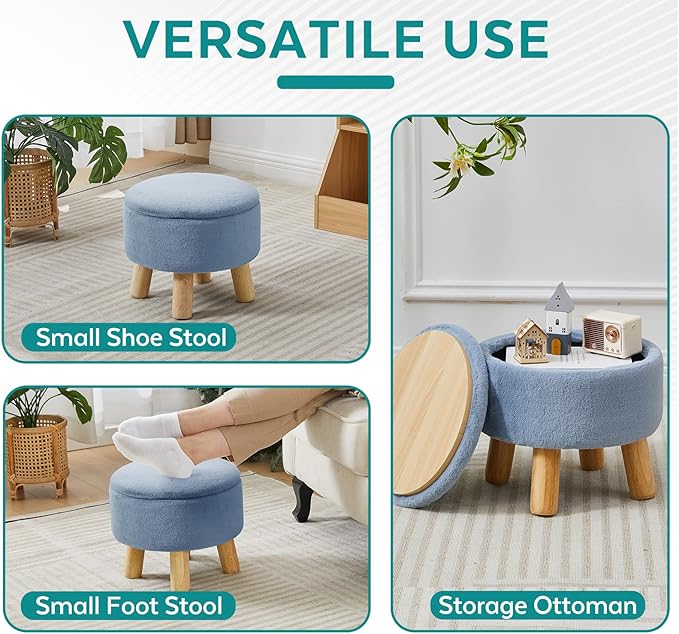 FIMIVIBI Small Foot Stool Ottoman with Storage, Soft Faux Fur Ottoman Foot Rest for Couch, Round Footstool with Storage, Small Ottomans and Footstools for Living Room and Entryway (Light Blue)