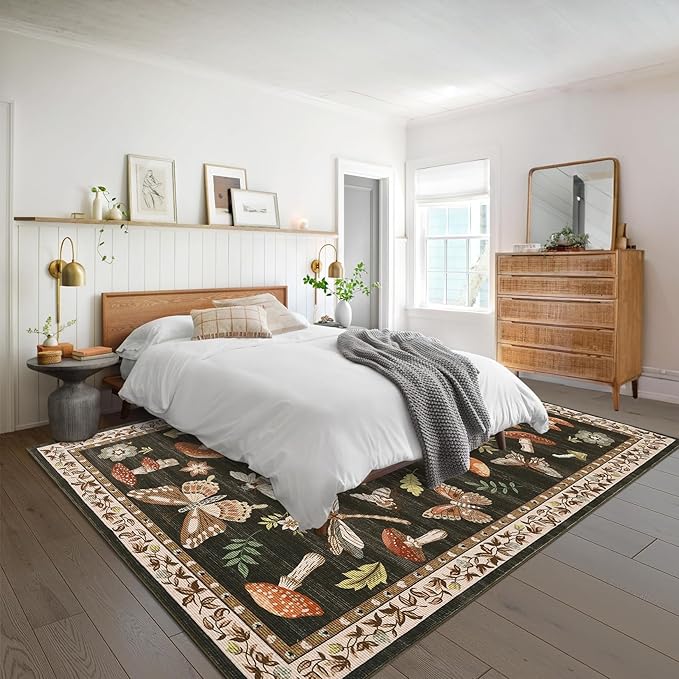 Mushroom 10x13 Area Rug for Living Room Washable Non Slip Forest Soft Low-Pile Stain Resistant Thin Large Throw Carpet for Bedroom Dining Room Office Brown