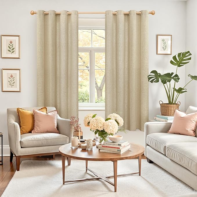 YoungsTex Grommet Linen Curtains 63 Inch Length 2 Panels for Living Room, Burlap Light Filtering Drapes No See Through for Bedroom Farmhouse, 52 X 63 Inch