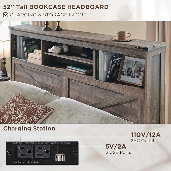 ACCOHOHO Queen Bed Frame Farmhouse with 52" Storage Bookcase Headboard, 4 Drawers Wooden Bed Frame, LED Light, Charging Station - Light Brown