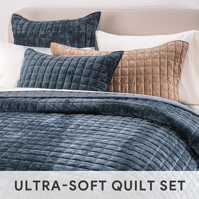 RECYCO Luxury Velvet Quilt Set King Size Bedding Sets, Ultra Soft Velvet Comforter Set, Lightweight Channel Box Stitch Oversized Bedspread Coverlet for All Season, with 2 Shams, Stormy Blue