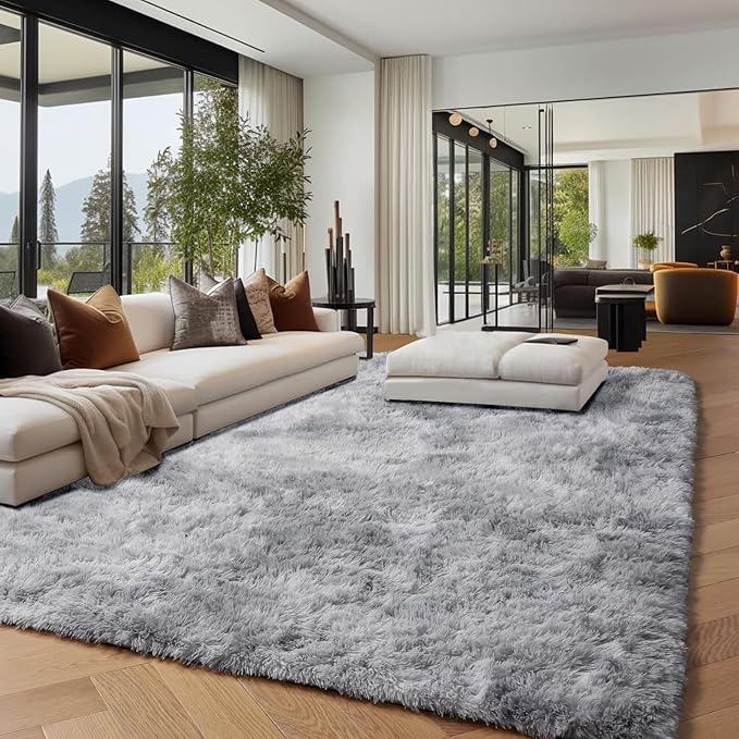 PAGISOFE Light Grey Shaggy Abstract Area Rug 6x9 Feet, Plush Fluffy Rugs for Living Room, Soft Rug for Bedroom, Furry Rugs for Girls Boys Kids Room, Large Fuzzy Rug for Playroom, Shag Carpet