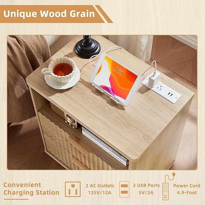 LEYAOYAO 48" Wide Fluted Dresser and 23" Nightstand Set of 2, Wooden Dresser & Night Stand with Charging Station, 3 Piece Bedroom Furniture Set, Chest of Drawer for Living Room,Natural Wood