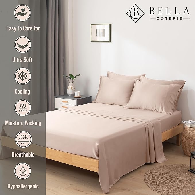 Bella Coterie 6 Piece Luxury Bamboo Viscose Split Top King Size Sheet Set | 34" Split for Adjustable Beds | 100% Organically Grown| Cooling | 18” Deep Pocket | 4 Pillowcases [Dusty Rose]