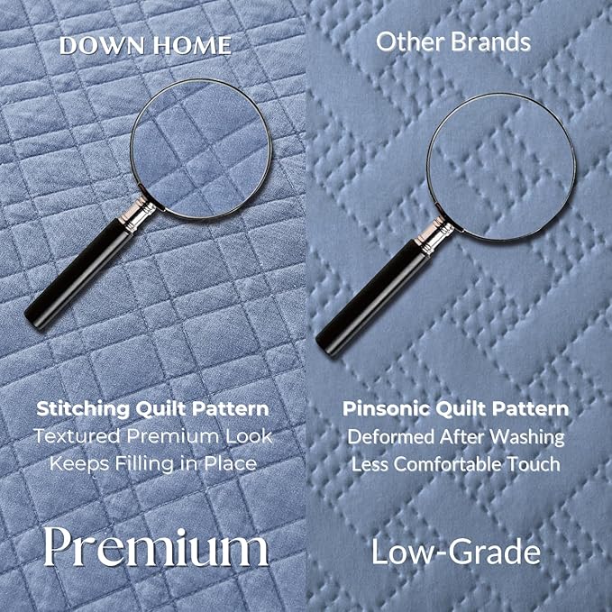 DOWN HOME Twin Quilt Set with Sham Lightweight Quilted Bedspread Coverlet Thin Comforter Bed Cover Vintage Washed Quilted Blanket for All Season, Brushed Microfiber Diamond Stitching, Blue, 66"x92"