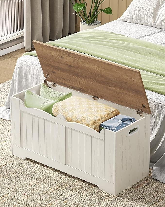 Hzuaneri 39.4" Storage Chest, Storage Bench Trunk with 2 Hinge, Wooden Box, Lift-Top Chest Organizer, Shoe Bench for Entryway, Bedroom, Living Room, White and Brown SB01014B