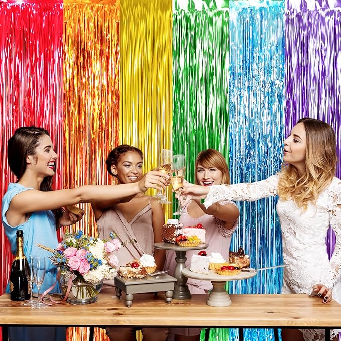 GOER 6.5 ft x 8.2 ft Metallic Tinsel Foil Fringe Curtains,Pack of 2 Party Streamer Backdrop for Birthday,Graduation Decorations and New Year Eve (Rainbow Colors)