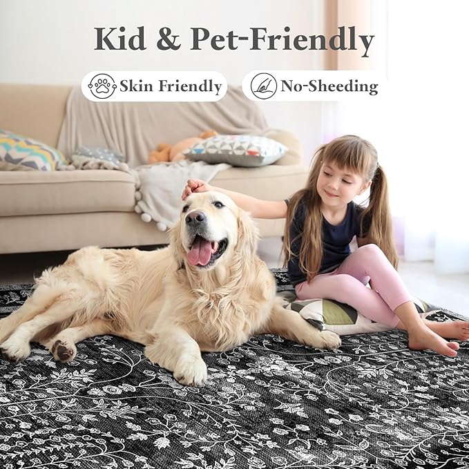 Area Rugs 6x9, Machine Washable Rugs 6x9 Black Large Rug Indoor Floor Non Silp Carpet Distressed Vintage Rug for Bedroom Dining Room Home Office | Black