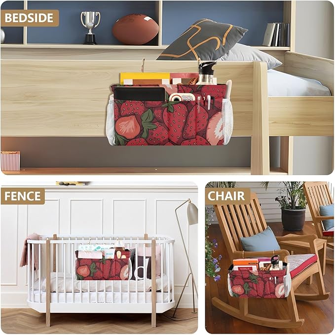 Bedside Caddy Hanging Bunk Bed Caddy Bed Organizer Hanging Pocket with 2 Hooks Bedside Storage Organizer Pocket Bag Holder Cartoon Red Strawberry