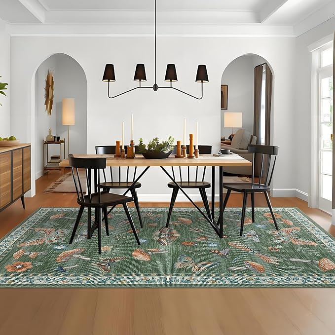 Mushroom Washable 8x10 Rug for Living Room Non Slip 8 x 10 Rug for Bedroom with Rubber Back Soft Low-Pile Stain Resistant Foldable Large Carpet for Office Nursery Dining Room Green