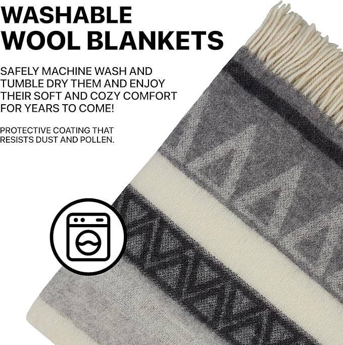 | Wool Blanket/Throw | 100% New Zealand Wool | Perfect for Home and Outdoors | Virgin Wool Throw with Fringes 67"x79" (170 x 200 cm)