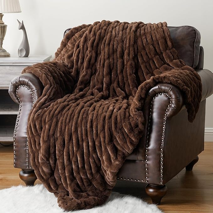 BATTILO HOME Chocolate Brown Faux Fur Throw Blanket for Couch, Double Side Reversible Ruched Rabbit Fur Blanket for Couch, Bed, Super Soft Cozy Warm Mink Blanket, 50x60 Inches