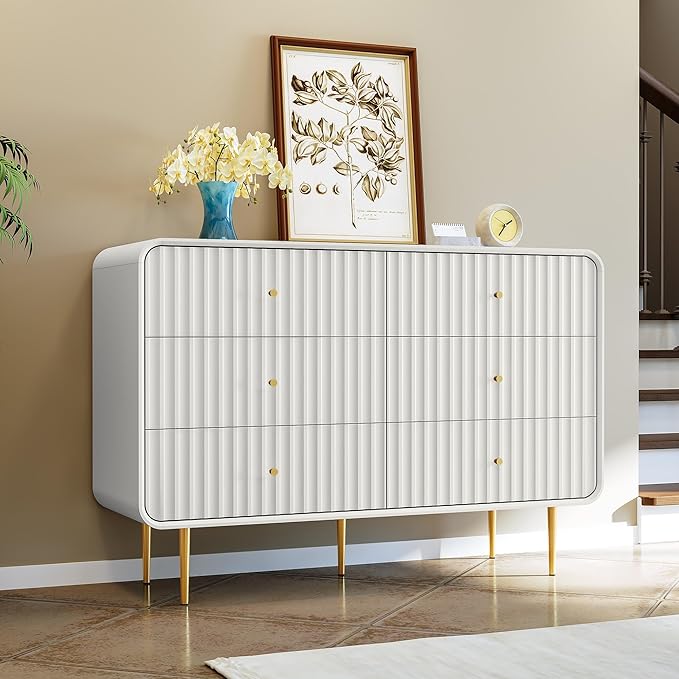 HLR Fluted 6 Drawers Dresser, 48'' Wide Modern Chest of Drawers with Gold Metal Handles,Dresser TV Stand, Wood Dressers & Chest of Drawers for Bedroom, Living Room, Hallway (White)