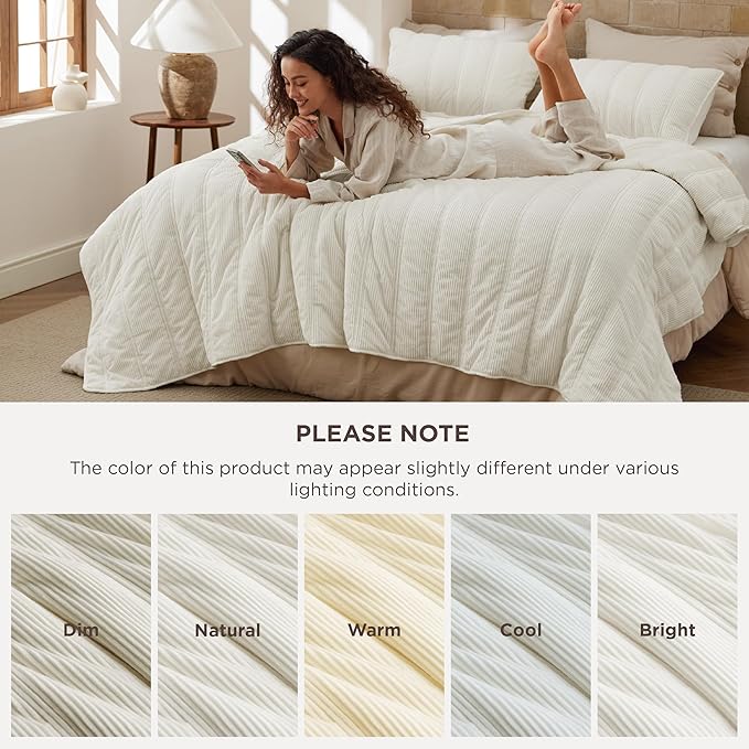 Bedsure Luxury Velvet King Size Quilt - Lightweight Velvet King Comforter Set, Oversized Corduroy Bedspread Coverlet Winter Bedding Set, Pet-Friendly, Tear-Resistant, Ultra-Soft, 106"x96", Ivory