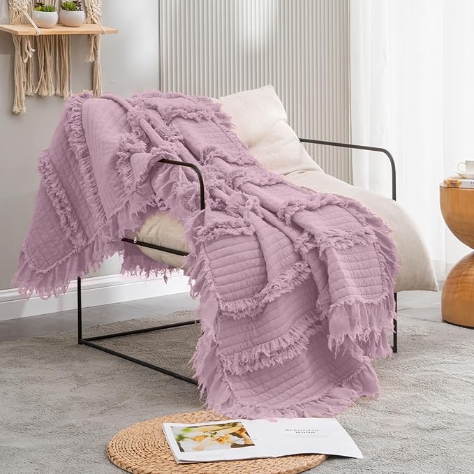 Ultra Soft Pre-Washed Warm Quilted Throw Blanket, Ruffle Fringed Purple Boho Decorative Throw, Stone Washed Chic Rustic Blanket for Sofa Couch Bed Chair, 50"x 60"