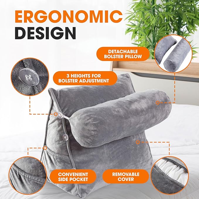 Cheer Collection Reading Wedge Pillow - Adjustable Wedge Reading Pillow with Neck Support, Hollow Fiber-Filled Backrest Pillow for Reading, Gaming, and TV Watching, Gray