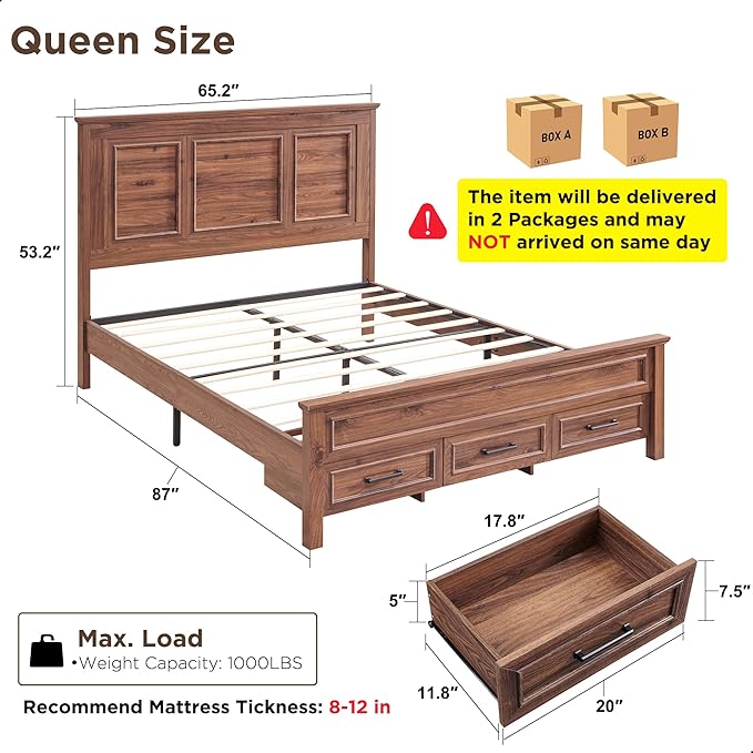 ACCOHOHO Farmhouse Queen Size Bed Frame with 52" Tall Headboard, Wood Platform Bedframe with Footboard and Storage Drawers, No Squeak, No Box Spring Needed, Brown
