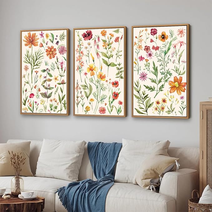 YeeHomedec Boho Wildflower Framed Canvas Wall Art, Colorful Vintage Floral Wall Decor, Watercolor Modern Flower Art Paintings, Neutral Botanical Picture Artwork for Girl Bedroom Living Room 16"x24"x3