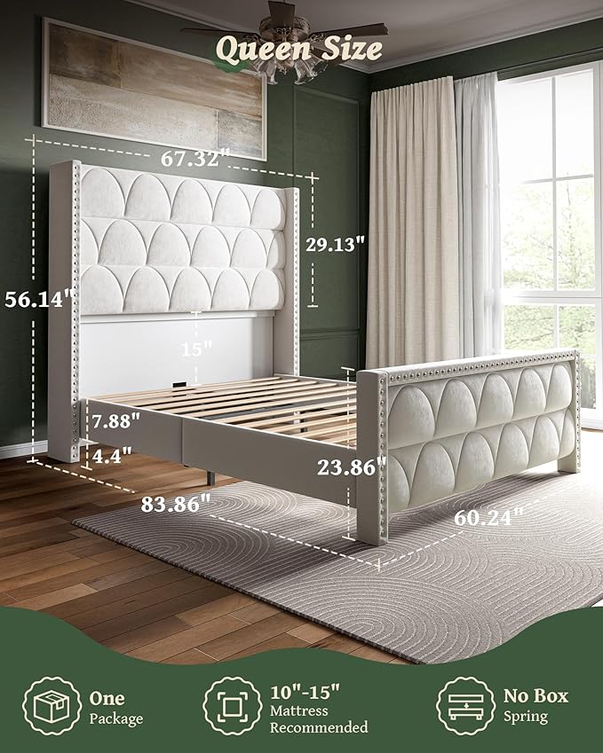 Queen Size Bed Frame with 56" Headboard - Velvet Upholstered Wingback Platform Bed Frame, Noise Free, Sturdy Wooden Slat Support (Cream, Queen)