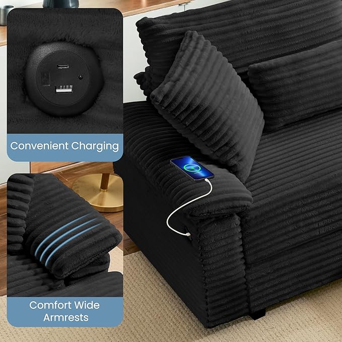 74" Double Chaise Lounge Chair Indoor, Oversized Loveseat with Removeable Ottoman, Corduroy Couch with USB Charging, Storage Ottoman, and Coffee Table Cushions for Living Room (2 Chaise Black)