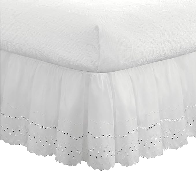 Fresh Ideas Eyelet Bed Skirt, Ruffled Design, 18 Inch Drop, Embroidered Scalloped Edge, Full, White