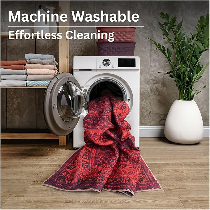 Bloom Rugs Washable Non-Slip 2' x 3' Rug - Red Traditional Bordered Area Rug for Living Room, Bedroom, Dining Room, and Kitchen - Exact Size: 2' x 3'