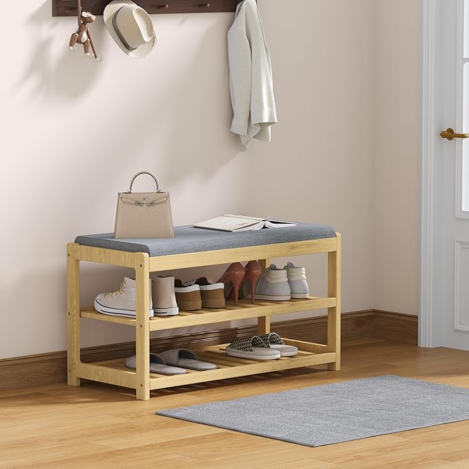 Shoe Bench Entryway, 100% Solid Solid Wood Shoe Rack Bench with Storage and Cushion Padded Seat, 3-Tier Shoe Organizer for Hallway Living Room, Mudrooms, Natural