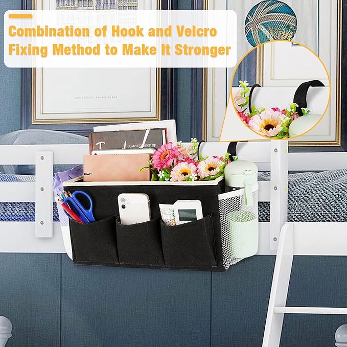 Lilithye Bedside Caddy Bedside Organizer Bedside Storage Caddy with Fixed Straps and Water Bottle Holder for Home College Dorm Bunk Bed Hospital Bed Crib Bed Rails (Black)