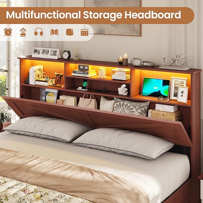 VIAGDO Farmhouse Bed Frame King Size with Bookcase Storage Headboard, Charging Station and LED Lights, Wooden King Bed Frame with 4 Drawers, Barn Door Design, No Box Spring Needed, Reddish Brown