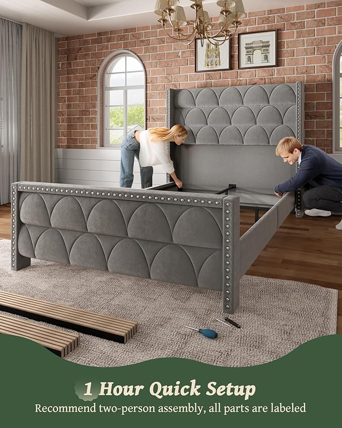 Queen Size Bed Frame with 56" Headboard - Velvet Upholstered Wingback Platform Bed Frame, Noise Free, Sturdy Wooden Slat Support (Deep Gray, Queen)