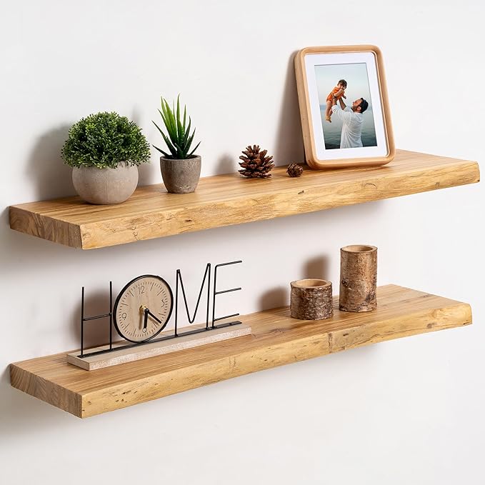 fuqing Live Edge Floating Shelves for Wall 30 inch, 8 Inch Deep Solid Elm Wood Floating Wall Shelves - Rustic Wooden Shelves with Invisible Brackets for Living Room Bedroom Kitchen, 2 Pack, Natural