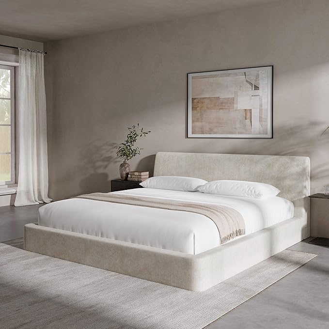 RECCI Cloud King Size Bed Frame with Ergonomic Angled Foam Cushioned Headboard, Minimalist Design Platform Bed Frame, No Box Spring Needed, Easy Assembly (Beige)