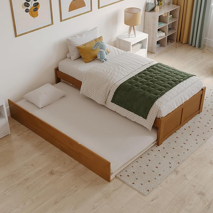 AFI Concord Twin Solid Wood Platform Bed with Footboard & Twin Trundle in Light Toffee