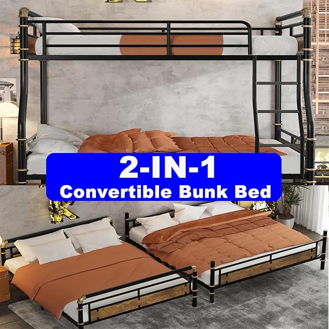 Upgraded Version Thicken Metal Heavy-Duty Full XL Over Queen Bunk Bed, Best Industrial Style Stronger Full Over Queen Size Bunk Bed with Ladder for Adults, Easy Assembly (Full XL Over Queen)