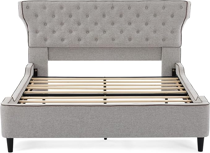 Christopher Knight Home Salus Linen Upholstered Queen Size Bed Frame with Headboard, Modern Queen Bed Frame and Headboard, Wooden Slats Support, Easy Assembly, No Box Spring Needed, Grey